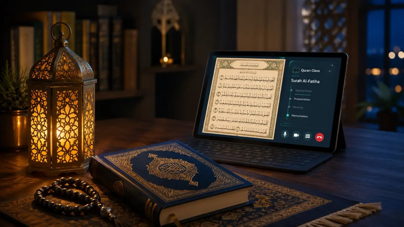 Online Quran classes for beginners with Quran, Islamic lantern, and digital learning screen