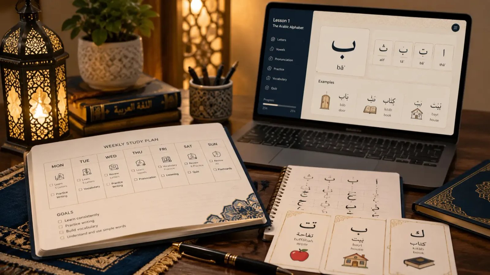 Arabic for beginners weekly learning plan with Arabic letters, notebook, and online lesson screen