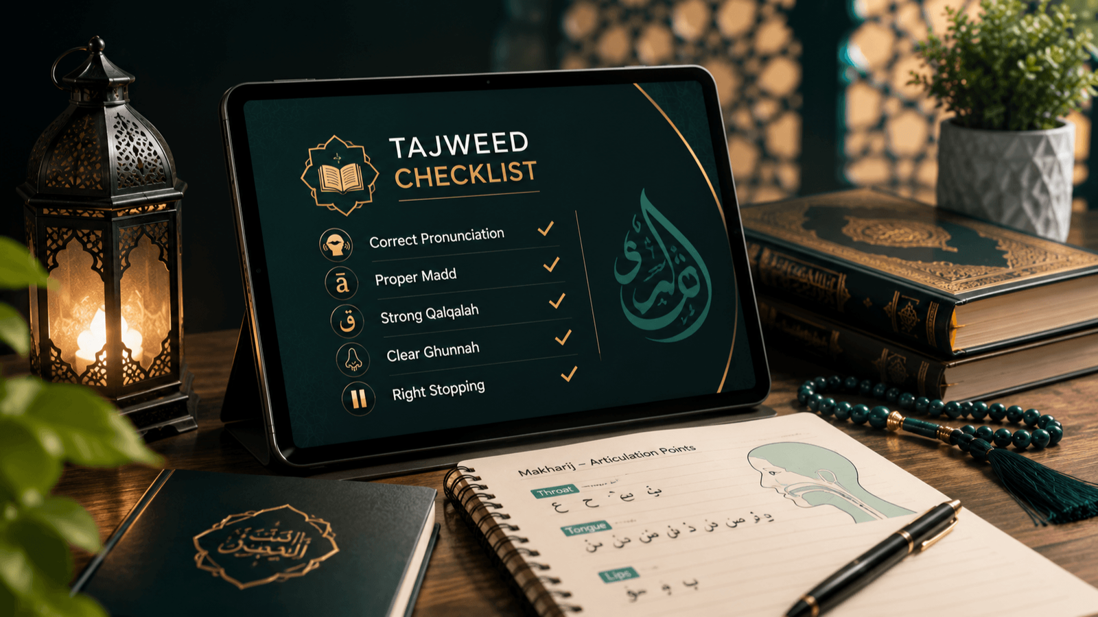 Common Tajweed mistakes in Quran recitation with Tajweed notes and online learning screen
