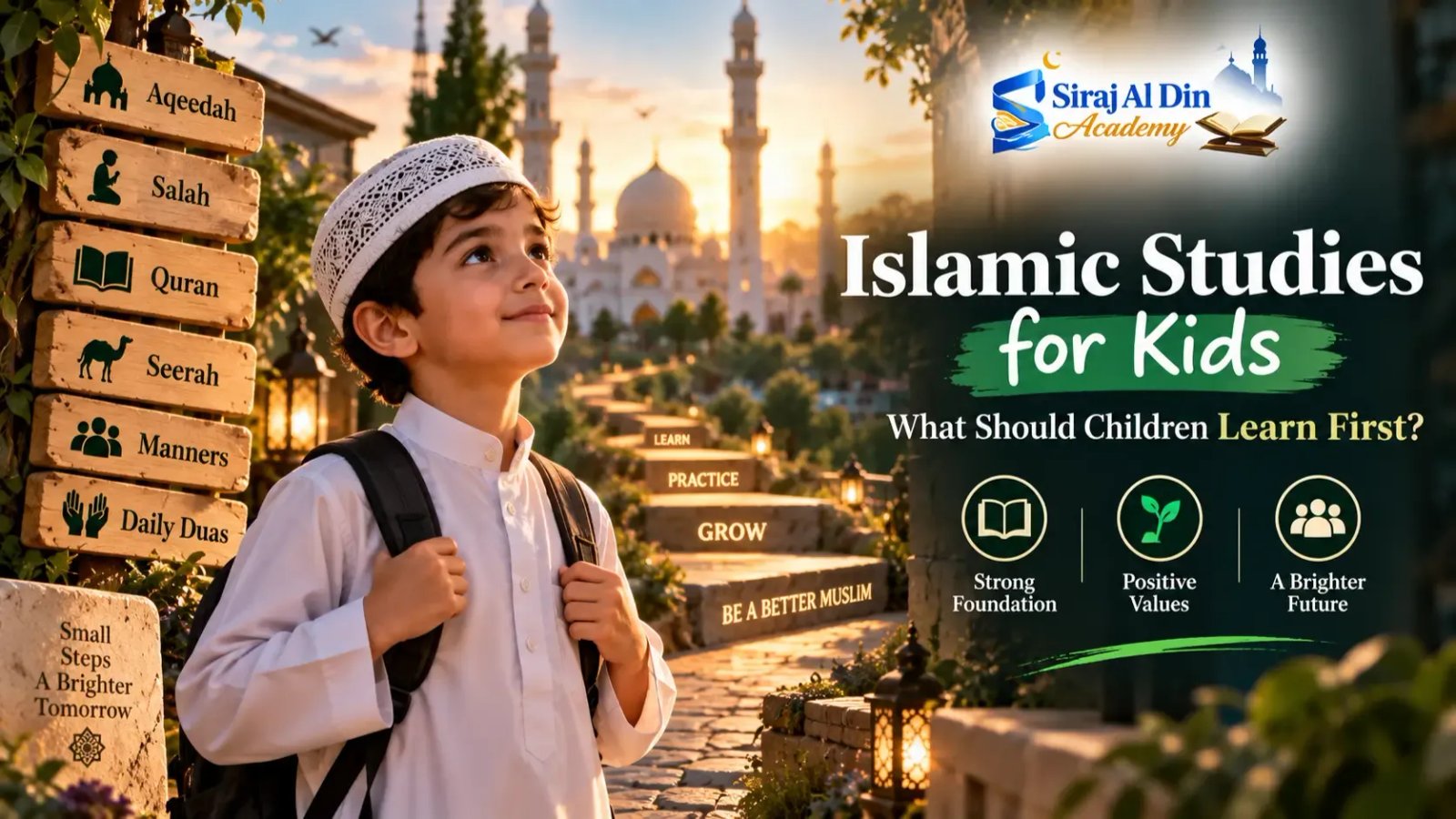 Muslim child learning Islamic Studies through Aqeedah, Salah, Quran, Seerah, manners, and daily duas